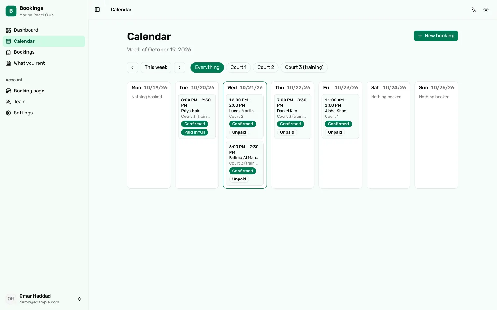 A booking app made with Refinar's AI app builder: a padel club's week of court bookings with customer names and payment status