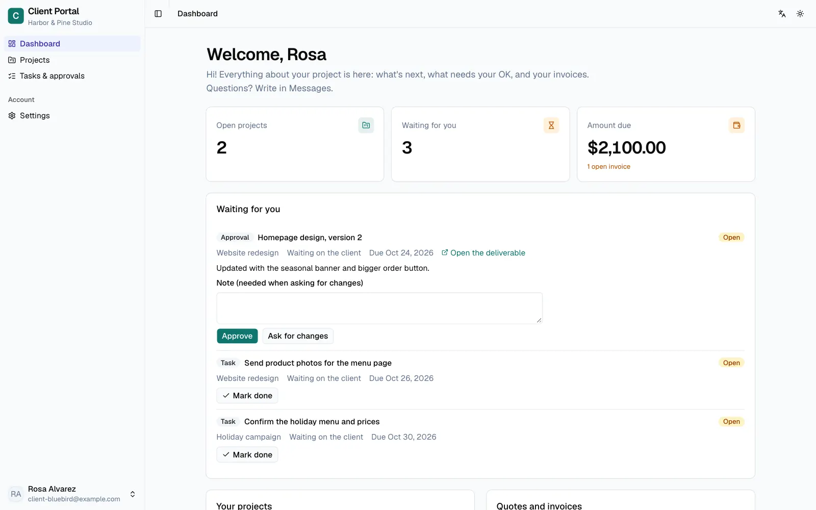 Client portal dashboard for a bakery client with open projects, items waiting for approval, the amount due and Approve buttons