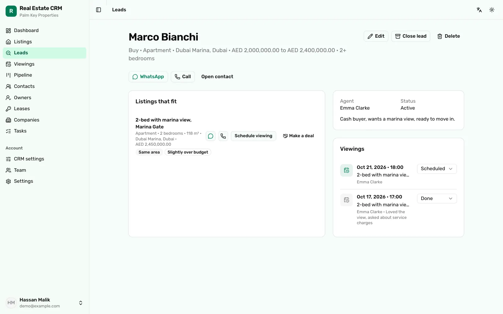 Real estate CRM lead page for an apartment buyer with budget in AED, a matching listing, WhatsApp and Call buttons and viewings