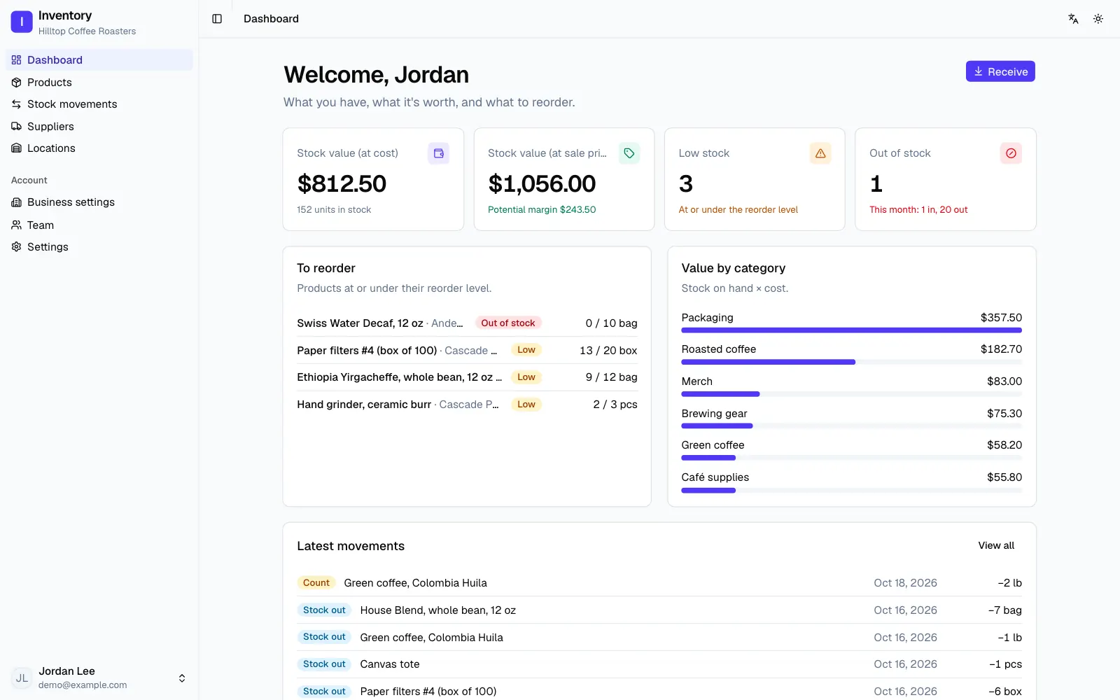 Inventory management software in Excel turned into an app: a coffee roaster's stock value, products to reorder and value by category