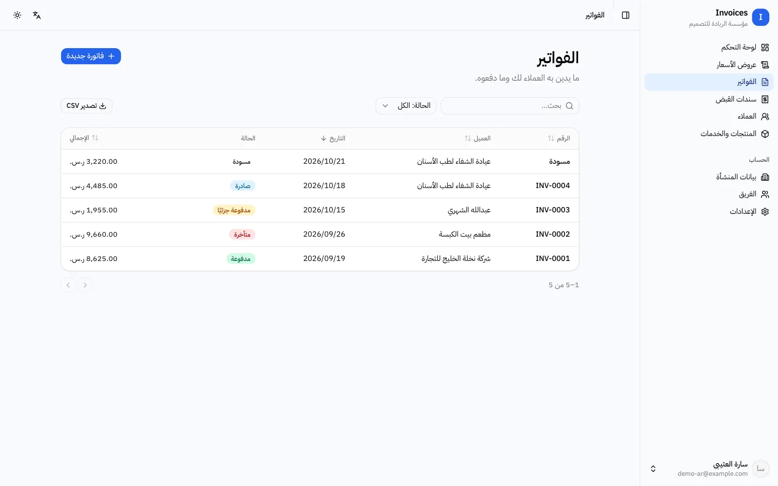 نموذج فاتورة في تطبيق بالعربي: قائمة خمس فواتير بالريال السعودي مع العميل والتاريخ والحالة وزر فاتورة جديدة