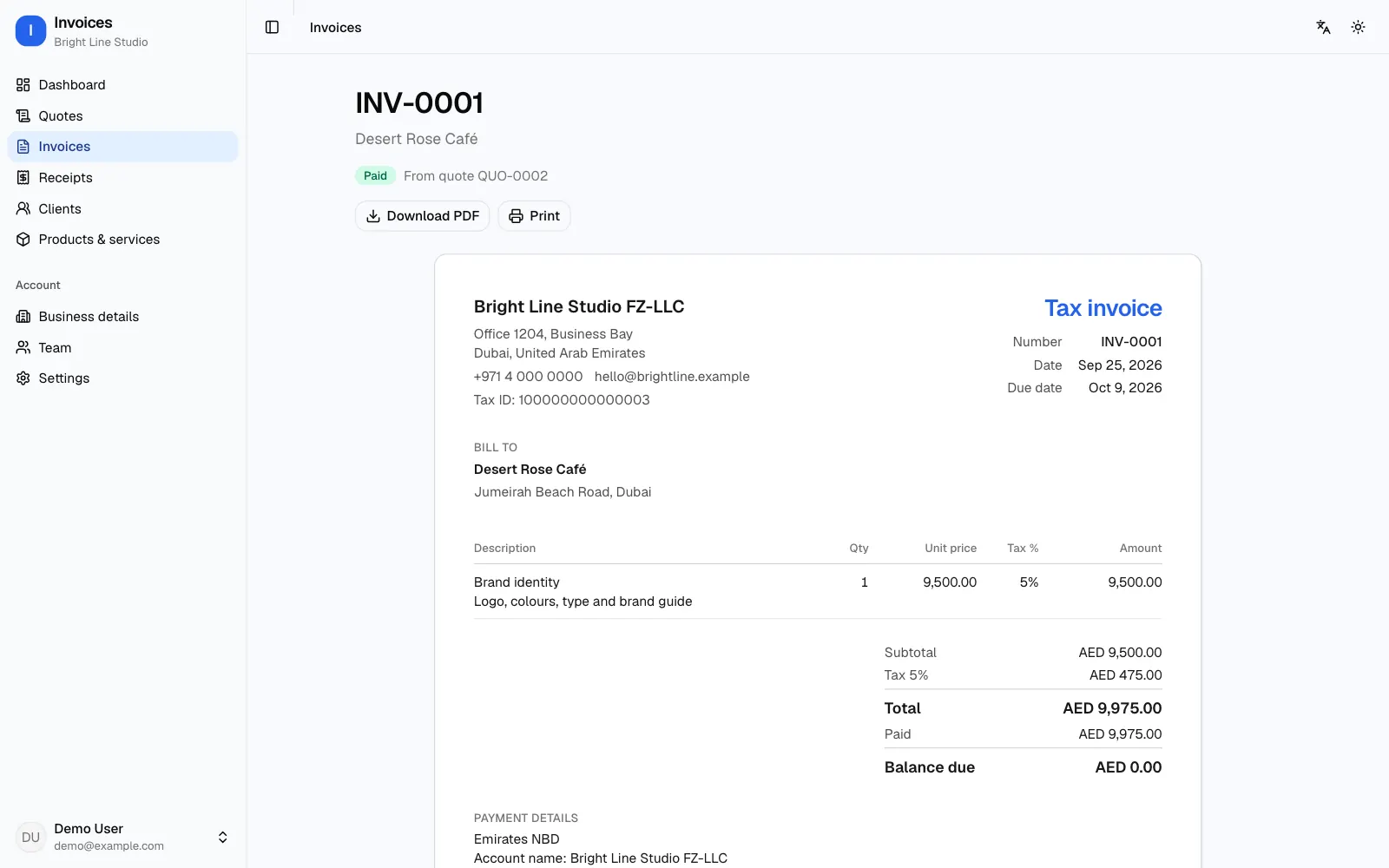 Invoice INV-0001 marked Paid and linked to quote QUO-0002, with subtotal, tax, total and balance due