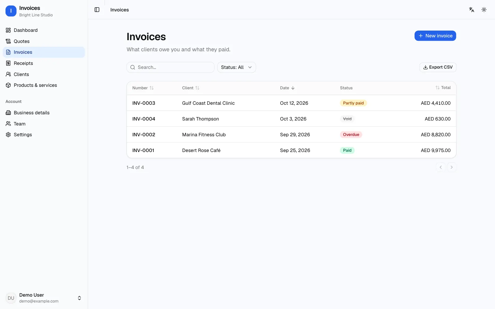 Invoice generator app listing four invoices for Bright Line Studio in Dubai, with dates, totals in AED and payment status