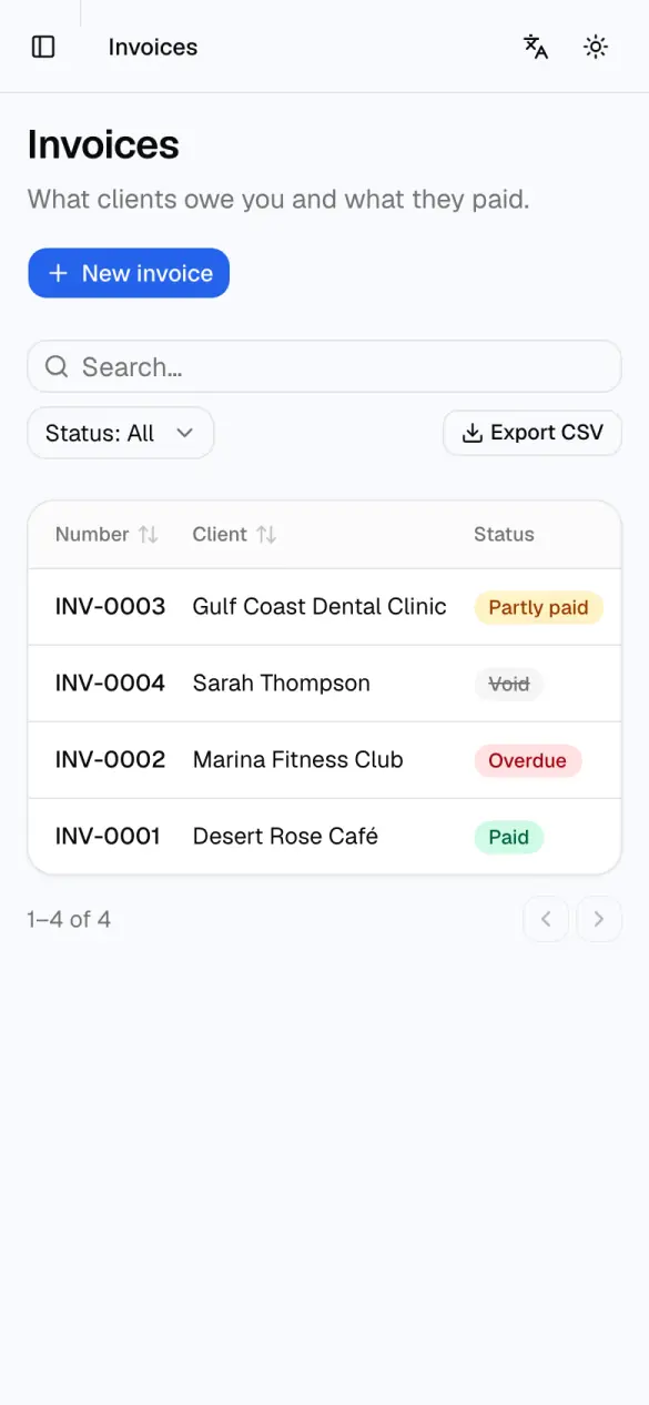 Phone view of the invoice app: the invoice list with a search box, a status filter and four invoices with their status