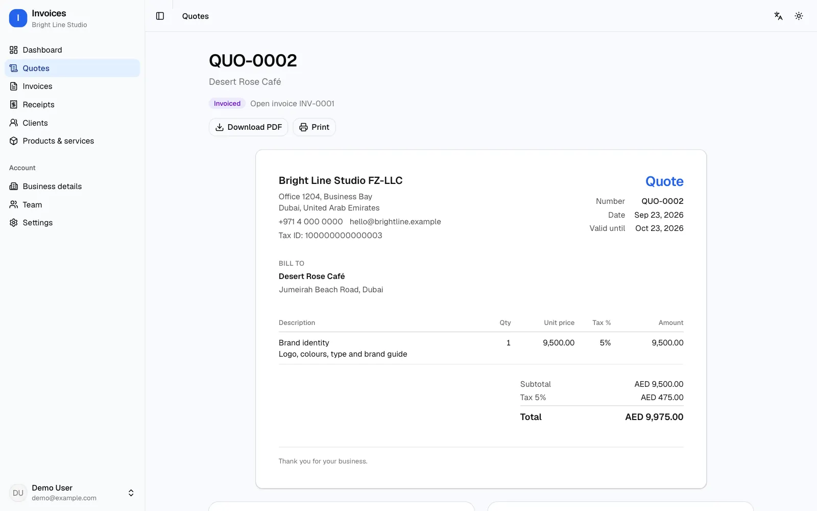 A price quote for brand identity work with a valid-until date, tax on its line, the total, and Download PDF and Print buttons
